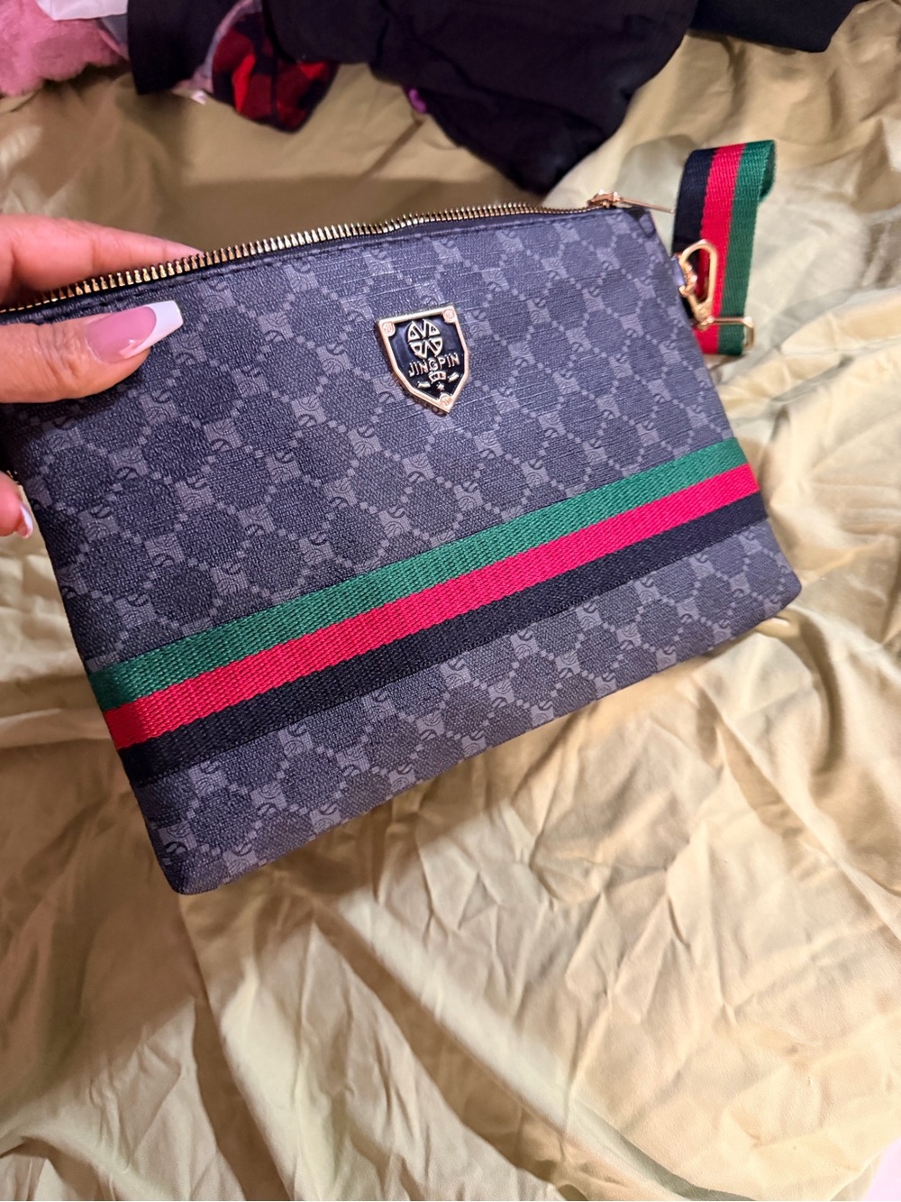 Black Patterned Wristlet Clutch with Green and Red Stripe
